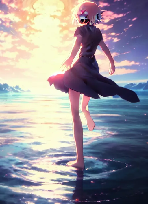 Image similar to anime girl walking on water, ripples, backdrop of dawn, saturn in the background, illustration, concept art, anime, key visual, trending pixiv fanbox by wlop and greg rutkowski and makoto shinkai and mamoru hosada and studio ghibli