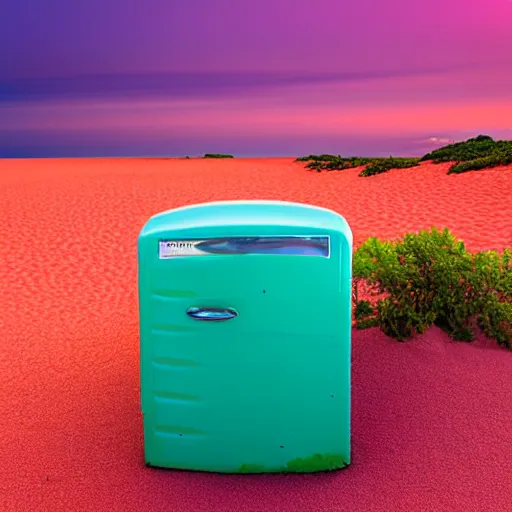 Image similar to purple refrigerator, red sand beach, green ocean, nebula sunset