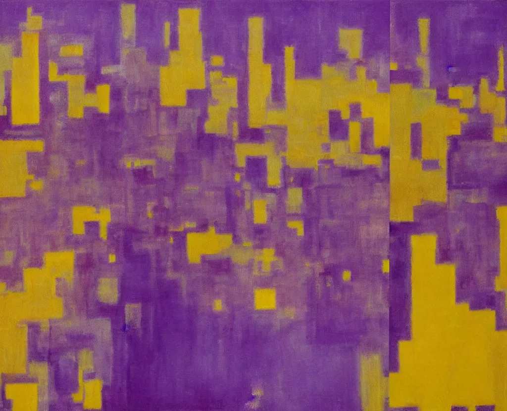 Prompt: The city is seen in high resolution and detail. Impossible sense of scale and depth, bright lights, rain, purple. purple Japanese city in the distant future. Rain on glass, neon signs, empty. a Rothko painting. three horizontal rectangles. one is yellow, one is red, one is light orange. The city is seen in high resolution and detail. The red one is the thinnest and has several thin yellow lines running through it with a peak in the middle. Impossible sense of scale and depth, bright lights, rain, purple. Future city.