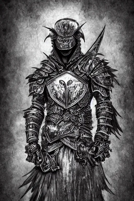 Image similar to armoured raven humanoid monster, crows feet, symmetrical, highly detailed, digital art, black feather armour, sharp focus, trending on art station, kentaro miura manga art style