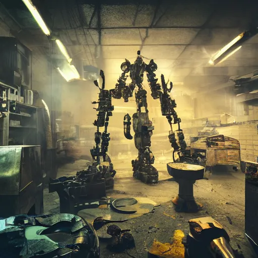 Image similar to cutlery mecha, dark messy smoke - filled cluttered workshop, dark, dramatic lighting, orange tint, cinematic, highly detailed, sci - fi, futuristic, movie still