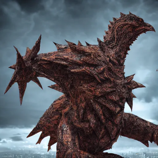 Image similar to evil steel chicken kaiju fights wooden angel kaiju, epic scale, hyper detailed, photorealistic, octane render, rule of thirds, 8 k.