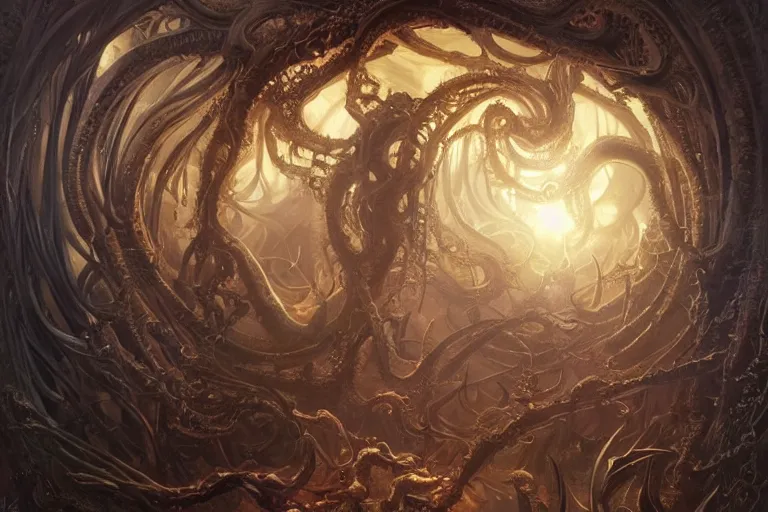 Prompt: a lovecraftian painting of a demonic portal to another dimension, cosmic horror elements, ultra realistic, concept art, intricate details, eerie, highly detailed, photorealistic, octane render, 8 k, unreal engine. art by artgerm and greg rutkowski and alphonse mucha
