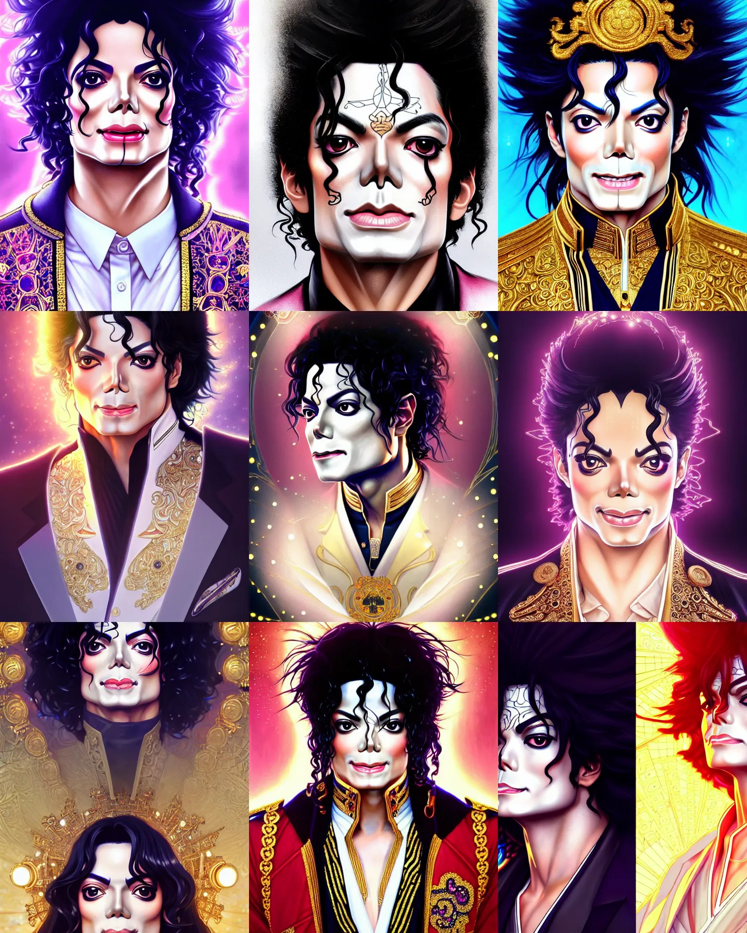 Prompt: symmetry!!!!!! beautiful michael jackson anime summer singer close portrait, wearing ornate clothing, ultra detailed, elegant, intricate, anime, dynamic lighting, dnd, glowing lights, digital art, digital painting, artstation, wlop, sharp focus, illustration, art by artgerm and greg rutkowski and alphonse mucha, 8 k