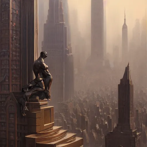 Image similar to a bronze statue stands as the centerpiece of futuristic art deco new york city, fantasy, intricate, elegant, digital painting, trending on artstation, concept art, sharp focus, illustration by greg rutkowski, Gaston Bussiere and artgerm, 4k.