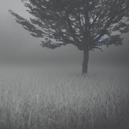 Prompt: big garden with black flowers, fog, rainy weather, metal album cover style, greyish colors, 4K