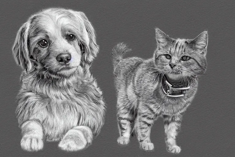 Image similar to in the style of neurographic drawing of a dog and cat