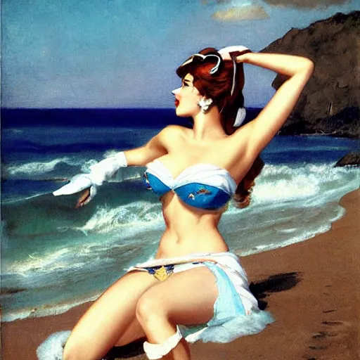 Image similar to pinup art of d. va from overwatch in a beach, artwork by alfred stevens