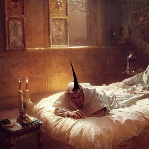 Image similar to the catholic pope in his bed, scared, because a horned demon is attacking the pope. highly detailed painting by gaston bussiere, greg rutkowski, craig mullins 8 k