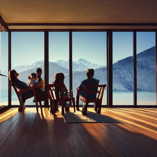 Image similar to a family sitting in a chair looking at the mountains, clear sky, cinematic lighting, beatiful house, river, 4k, HD