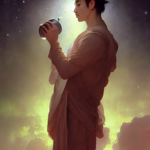 Image similar to A man drinking a cup of cosmic energy bright light, illustration by Ruan Jia and Mandy Jurgens and William-Adolphe Bouguereau, Artgerm, 4k, digital art, surreal, anime style, space dandy style, highly detailed, godsend, artstation, digital painting, concept art, smooth, sharp focus, illustration by Ruan Jia and Mandy Jurgens and William-Adolphe Bouguereau, Artgerm