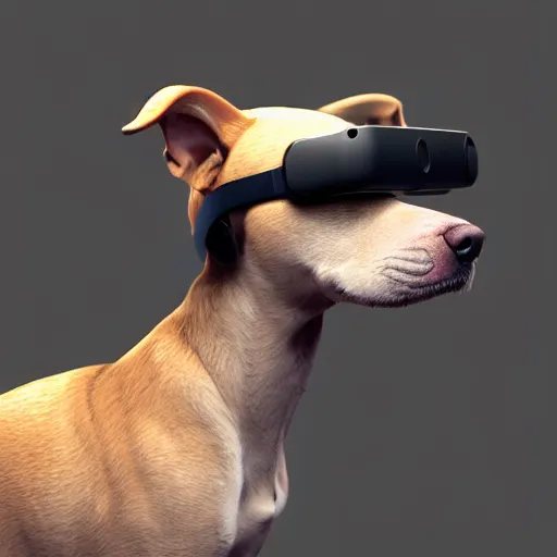 Image similar to dog with a vr headset, 8k, cute, trending on artstation