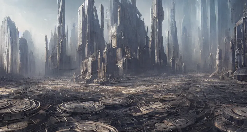 Image similar to hyper realistic sci - fi matte concept art painting of city made from giant stacks of disks, beautiful details, strong composition painted by kim jung guweta studio rutkowski, james gurney and greg rutkowski, and lucasfilm, smooth, intricate, detailed, sharp focus, cinematic