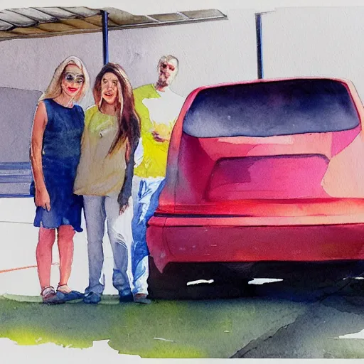 Image similar to a watercolor painting of some people next to a car