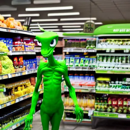 Prompt: mid shot of a green alien buying groceries at the store shot by amanda carlson and alex strelkovv, professional photo, masterpiece, very detailed, 4 k