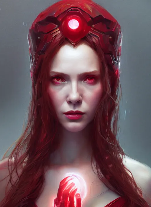 Image similar to Scarlet Witch, portrait, full body, hyper detailed, digital art, trending in artstation, cinematic lighting, studio quality, smooth render, unreal engine 5 rendered, octane rendered, art style by klimt and nixeu and ian sprigger and wlop and krenz cushart