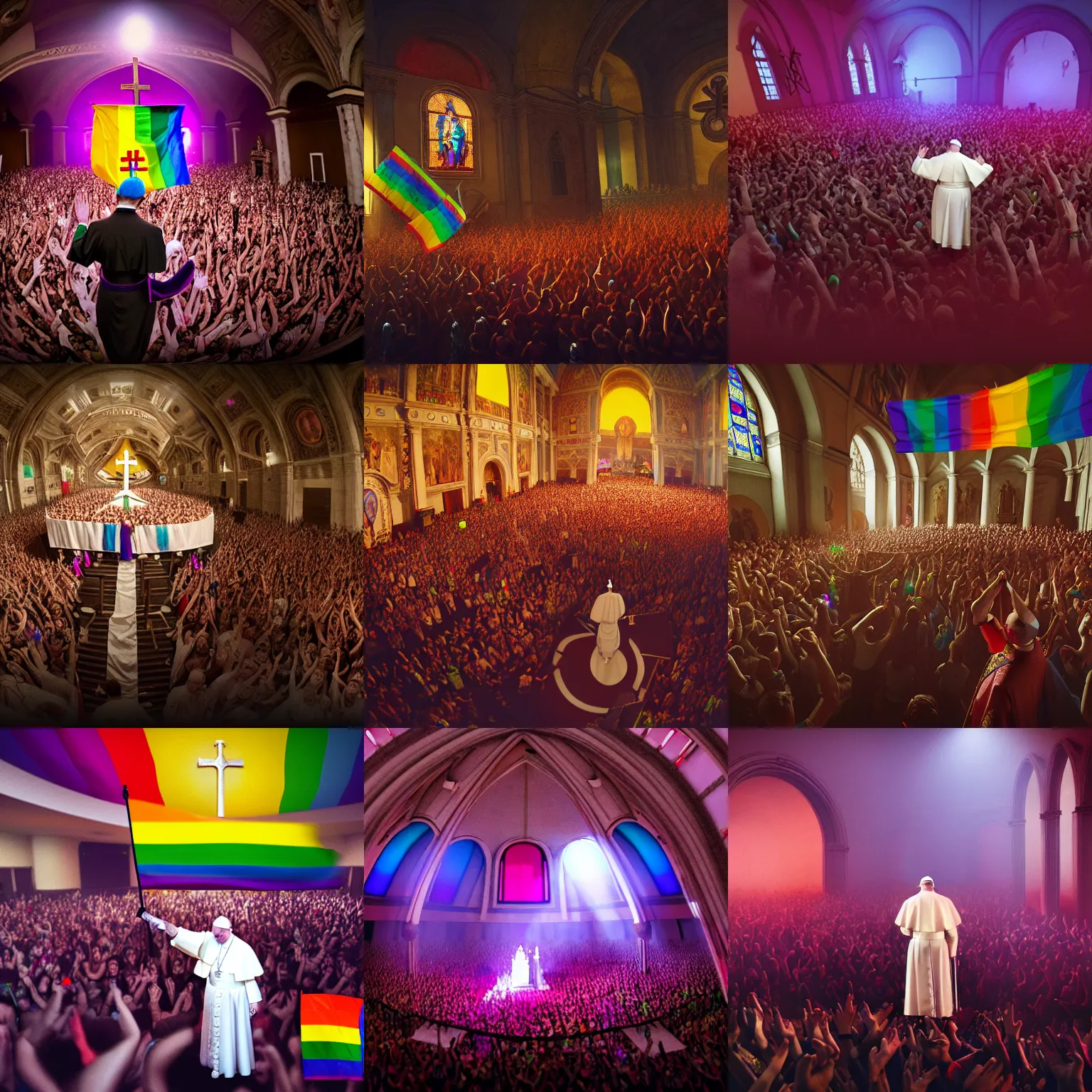 Prompt: Pope submissively surrenders as LGBTQ group take over the church for a wild rave party, photography, highly detailed, HD, sharp focus, smooth, octane render, 4k, artstation, dynamic lighting