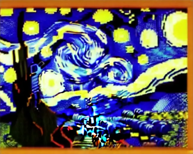Image similar to Starry Night by van Gogh, re imagined as 8 bit pixel art. Red green and black color scheme