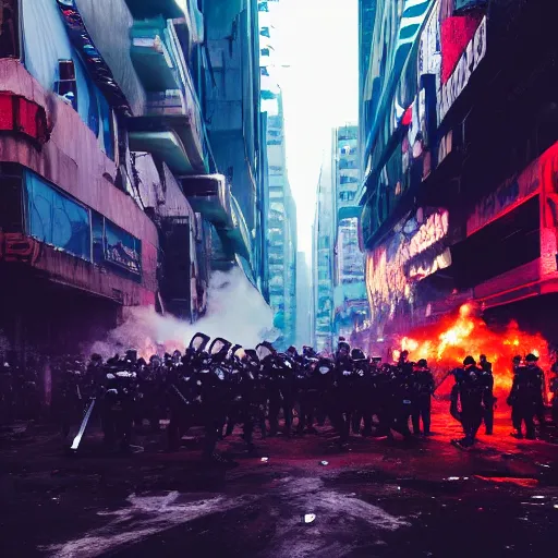 Image similar to photograph of a riot in a cyberpunk city street