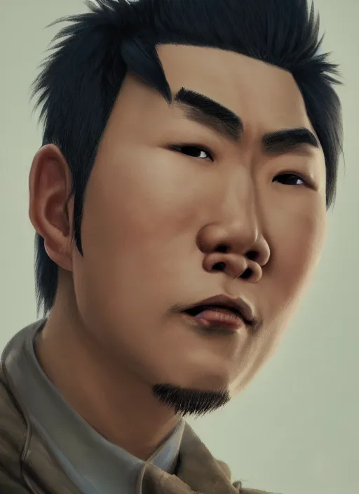 Prompt: a painting of a handsome sad Asian guy, in the style of DreamWorks animation, low angle view, 16mm lens, award winning, mid-shot, hyper detailed, dramatic lighting, artstation, octane renderer, unreal engine