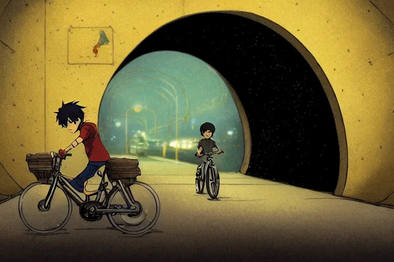 Prompt: a boy riding his bike alone through a large tunnel, high intricate details, rule of thirds, golden ratio, cinematic light, anime style, graphic novel by fiona staples and dustin nguyen, by beaststars and orange, peter elson, alan bean, studio ghibli, makoto shinkai