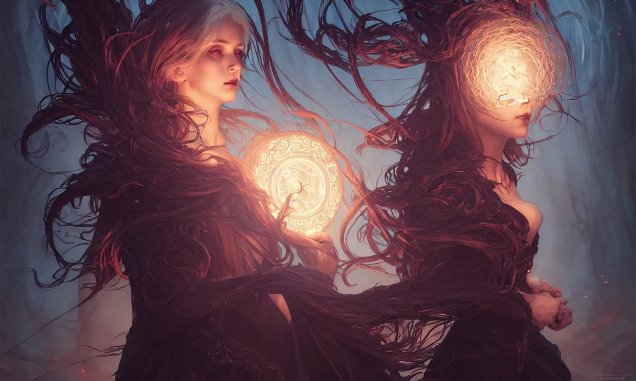 Image similar to Necromancer Sorceress in center, fantasy magic, undercut hairstyle, dark light night, intricate, elegant, sharp focus, illustration, highly detailed, digital painting, concept art, matte, art by WLOP and Artgerm and Greg Rutkowski and Alphonse Mucha, masterpiece