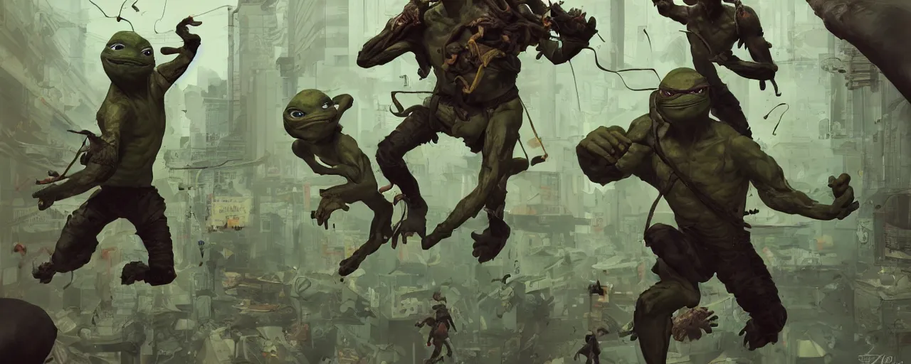 Image similar to duotone olive mutagen illustration 3 / 4 portrait of gollum kung fu fighting with ninja turtles chaotic composition accidental renaissance golden ratio. by sachin teng and sergey kolesov and ruan jia and heng z. graffiti art, scifi, fantasy, hyper detailed. octane render. concept art. trending on artstation