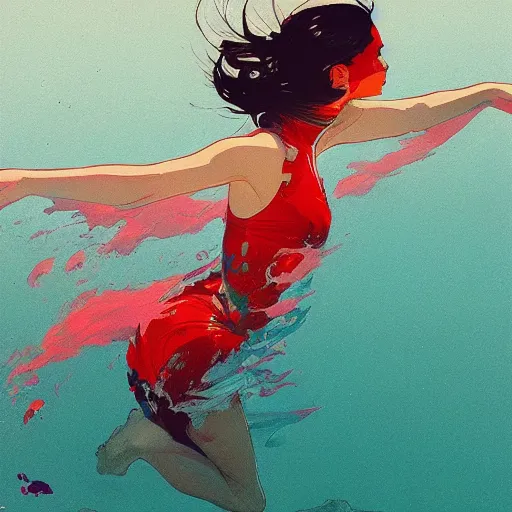 Prompt: a ultradetailed beautiful panting of a woman diving away from the viewer, by conrad roset, greg rutkowski and makoto shinkai, trending on artstation