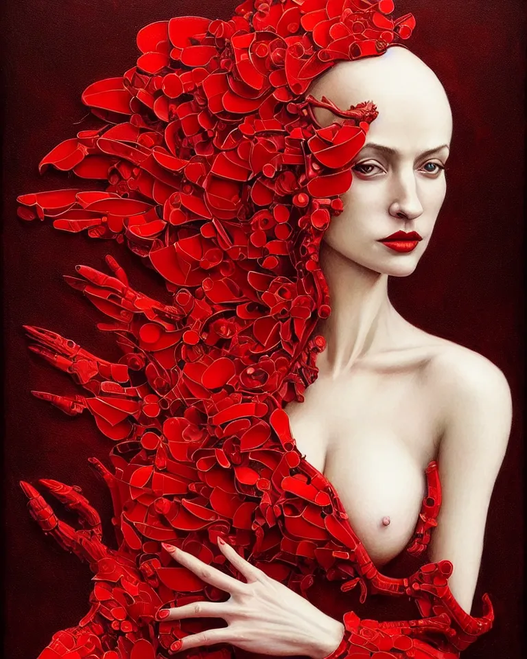 Image similar to epic professional portrait of gorgeous thin white woman with perfect face in armoured red dress, painted, intricate, detailed, by leesha hannigan, wayne haag, reyna rochin, ignacio fernandez rios, mark ryden, iris van herpen, artstation, cgsociety, epic, stunning, gorgeous, much wow.