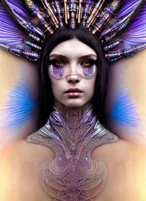 Image similar to hyperrealistic detailed portrait of a beautiful goddess in an iridescent cyber headdress, intricate cyberpunk make - up, art by android jones, john william godward, nekro borja, alphonso mucha, h. r. giger, ornamental gothic - cyberpunk,