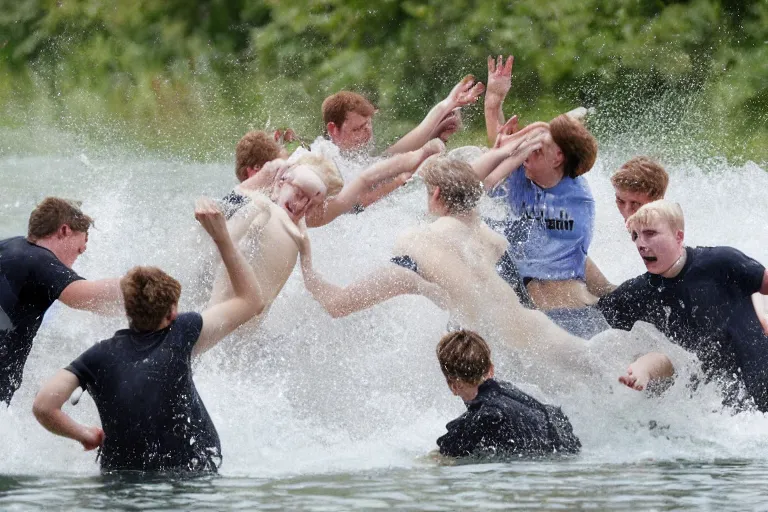 Prompt: Group of teenagers push rolls roys into lake from small slide