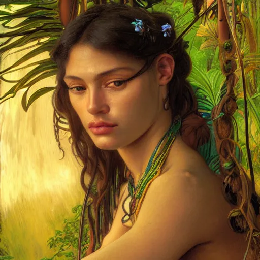 Image similar to face portrait of a beautiful alluring female yanomami maiden in a dense jungle at sunset, detailed, centered, digital painting, artstation, concept art, donato giancola, Dante Gabriel Rossetti, alphonse mucha, Joseph Farquharson, Joseph Christian Leyendecker, WLOP, Boris Vallejo, Breathtaking, 8k resolution, extremely detailed, beautiful, establishing shot, artistic, hyperrealistic, beautiful face, octane render