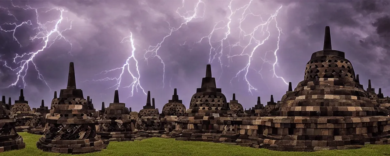 Image similar to most epic dramatic borobudur temple picture with eerie stormy night sky and lightnings. epic cinematic hyperrealism masterpiece. realistic poster with shaded lighting by craig mallismo, artgerm, jeremy lipkin and michael garmash, unreal engine, radiant light, detailed and complex environment, digital art, art station trends