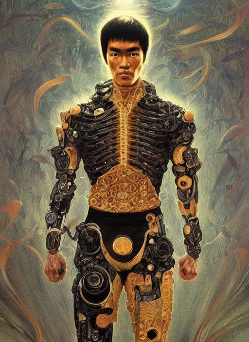 Image similar to bruce lee as a organic cyborg, diffuse lighting, fantasy, intricate, elegant, highly detailed, lifelike, photorealistic, digital painting, artstation, illustration, concept art, smooth, sharp focus, art by john collier and albert aublet and krenz cushart and artem demura and alphonse mucha