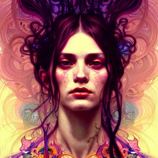 Image similar to An extremely psychedelic portrait, surreal, LSD, face, detailed, intricate, elegant, lithe, highly detailed, digital painting, artstation, concept art, smooth, sharp focus, illustration, art by Krenz Cushart and Artem Demura and alphonse mucha