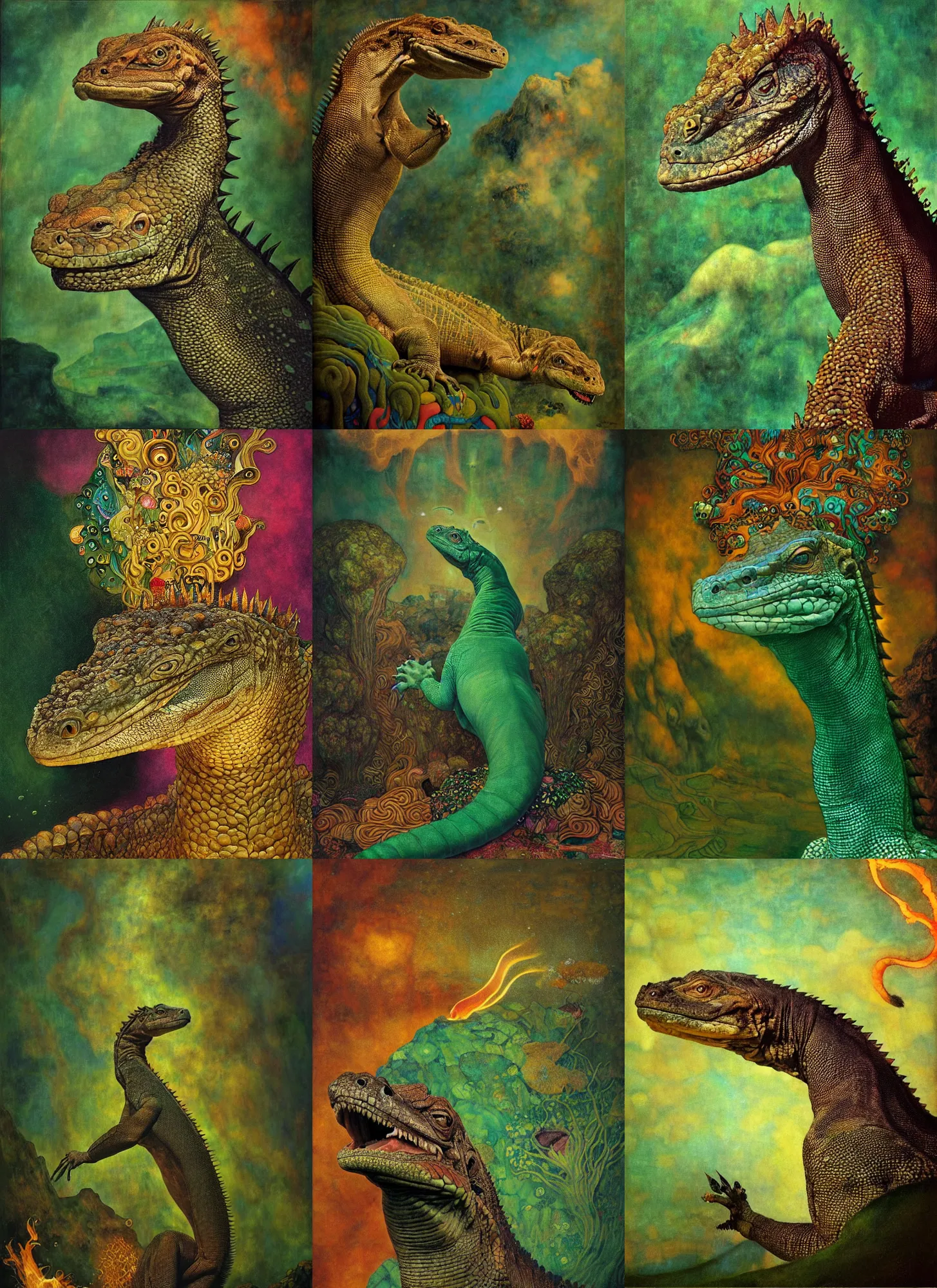 Prompt: “A majestic portrait of a komodo dragon wearing a crown, with flaming magma in the background, Tom Bagshaw, gustav klimt, titian, Sam Spratt, maxfield parrish, high detail, 8k, underwater light rays, intricate, royalty, vibrant iridescent colors,art nouveau,very coherent,green pink and forest green”