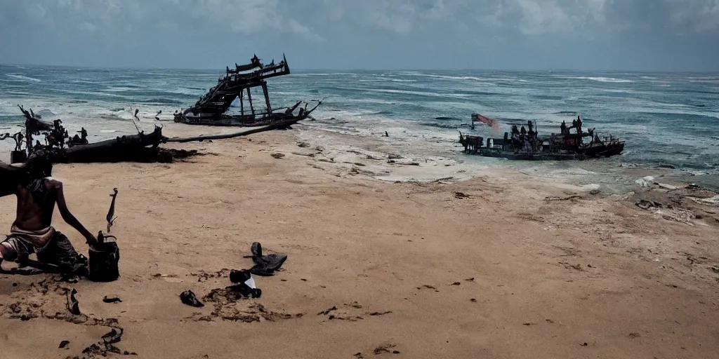 Image similar to sri lankan mad max style, ocean, perspectiv from a big ship, film still, epic shot cinematography, rule of thirds