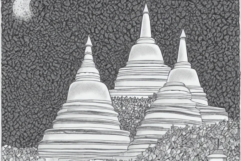 Image similar to sri lankan white stupa, drawn by hayao miyazaki