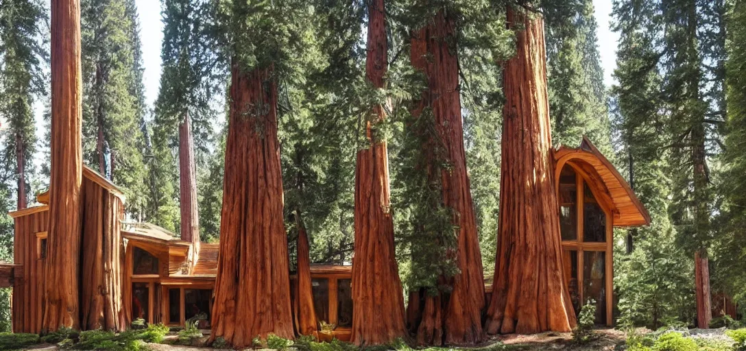 Prompt: house built into and inside a single giant sequoia