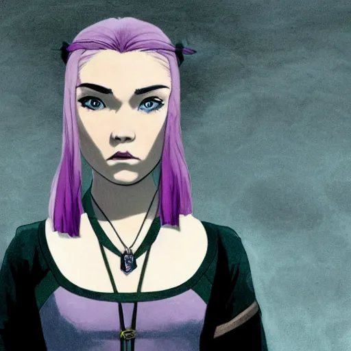 Prompt: Portrait of Florence Pugh, scene, emo, goth, purple mullet, style of avatar the last airbender n 6