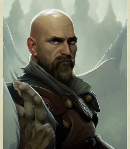 Image similar to unattractive, bald and unsympathetic Human_fighter!, He has 6 scares on his face, and a bloodthirsty look in his eyes. full_body!!, dungeons and dragons portrait, highly detailed, digital painting, artstation, concept art, sharp focus, illustration, art by artgerm and greg rutkowski and alphonse mucha