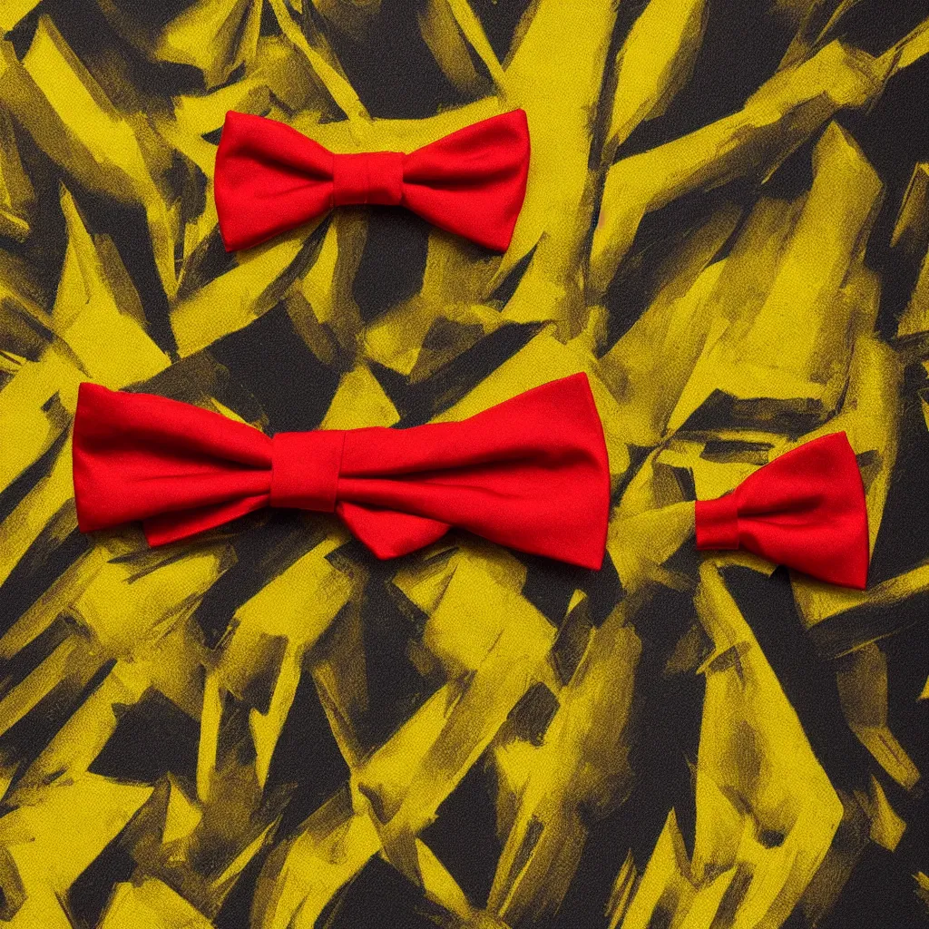 Image similar to close - up view of a red bowtie on yellow background, 8 k, high detail, photorealistic, proper shading