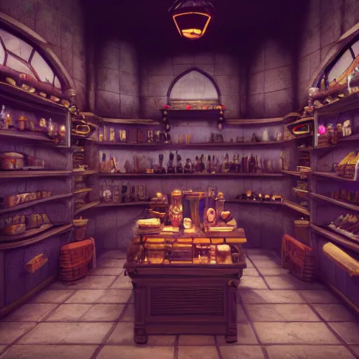 Prompt: inside a magical item shop, fantasy potion vendor interior, ufotable studio art style, gothic interior, 8 k, octane render, unreal engine