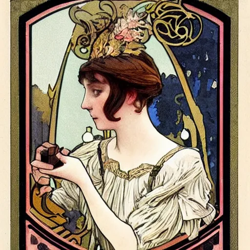 Image similar to a young edwardian woman playing chess, in the style of mucha