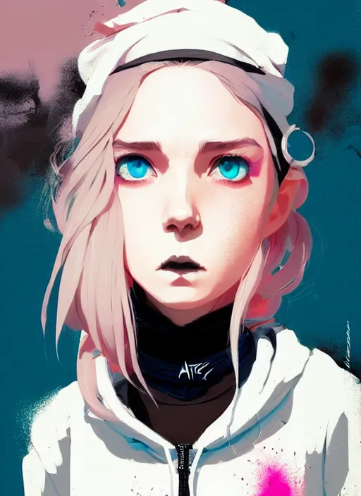 Image similar to highly detailed portrait of a city punk lady student, blue eyes, hoodie, white hair by atey ghailan, by greg rutkowski, by greg tocchini, by james gilleard, by joe fenton, by kaethe butcher, gradient cyan, black, brown and pink color scheme, grunge aesthetic!!! ( ( graffiti tag wall background ) )