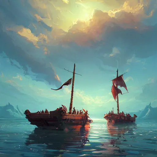 Image similar to two large pirates ship floating on top of a body of water at sunset, fighting each other, pirates flag , cgsociety, fantasy art, 2d game art, concept art , ambient occlusion, bokeh, behance hd , concept art by Jesper Ejsing, by RHADS, Makoto Shinkai Cyril Rolando