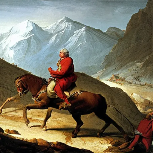 Image similar to benjamin netanyahu crossing the alps, highly detailed, by jacques louis david