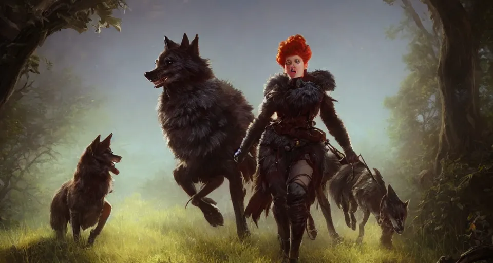 Prompt: wide shot of Lucille Ball as a D&D Ranger with two wolves, trending on artstation, illustration, cgsociety, 8k, cinematic art by Greg Rutkowski and Thomas Kinkade and William O'Connor