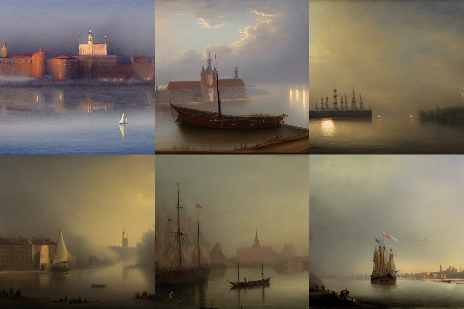 Prompt: painting of a sailing ship on Vistula river, Wawel castle visible, morning, fog, atmospheric lighting