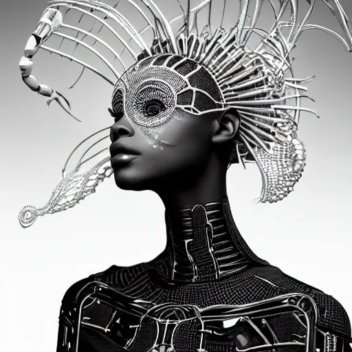 Image similar to portrait of an absurdly beautiful, graceful, sophisticated, fashionable african cyberpunk mechanoid gravure idol, ultrafine hyperdetailed illustration by irakli nadar, matt wisniewski style, marvel comics, intricate linework, black porcelain skin, neon jellyfish headdress, ivory carved ruff, unreal engine 5 highly rendered, global illumination, radiant light, detailed and intricate environment